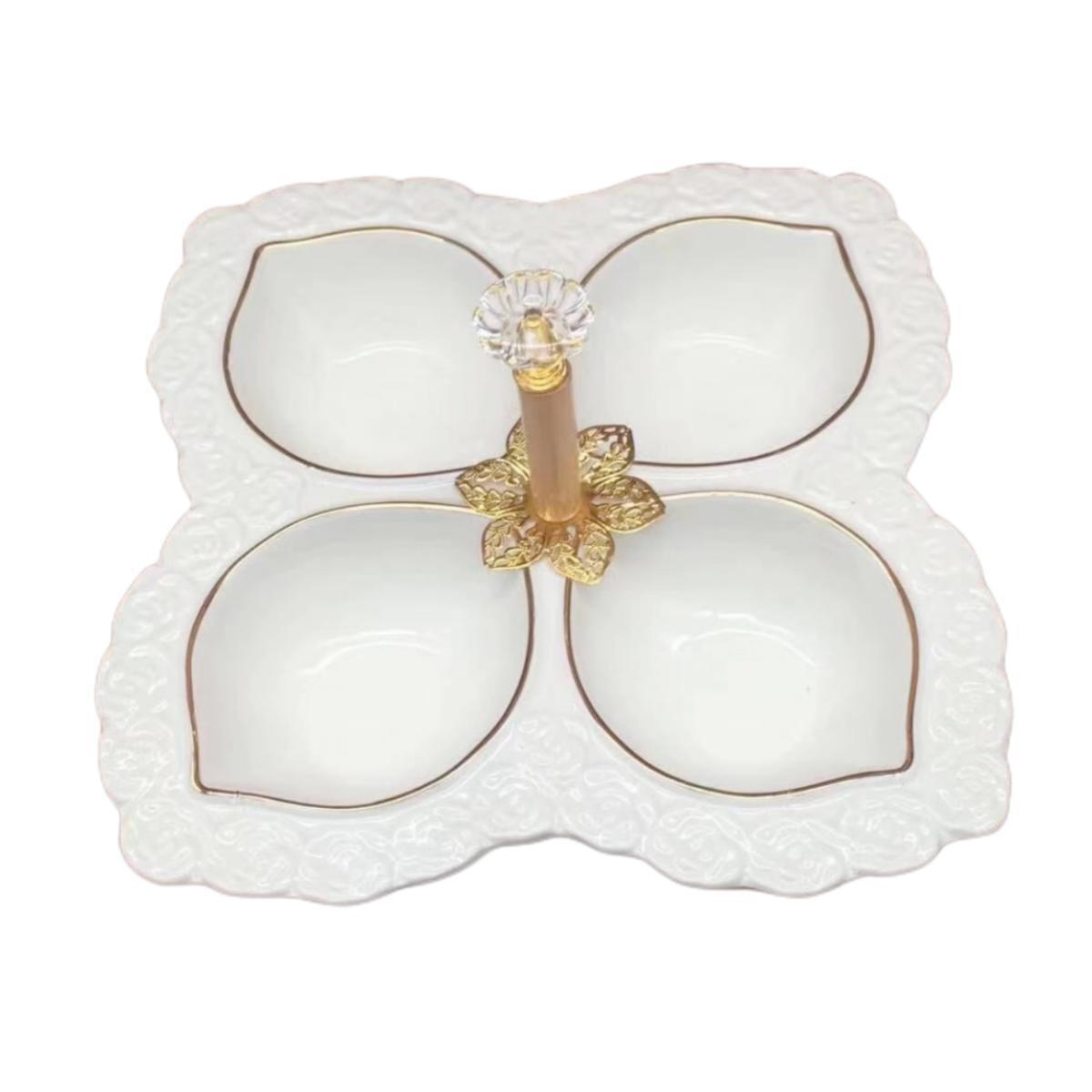 A pure white petal-shaped fruit platter with electroplated gold and multiple compartments, a hand-held restaurant banquet food platter pic 5
