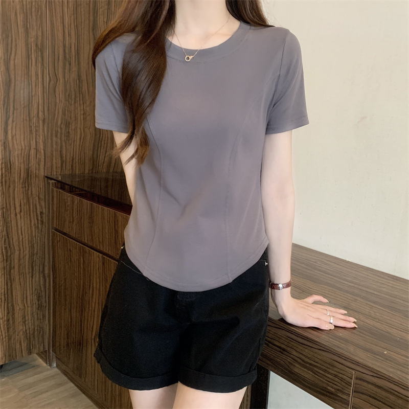 夏季新款短袖t恤女装正肩紧身设计感短款纯欲不规则下摆弧形上衣详情12