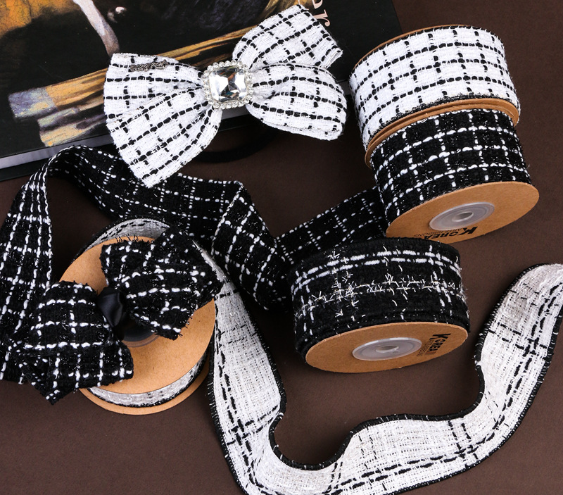 Korean-style chanel-style cotton and linen checkered, gold and silver thread, scallion ribbon DIY bow hair accessory, shoes, hats, clothing, cuff trims pic 4