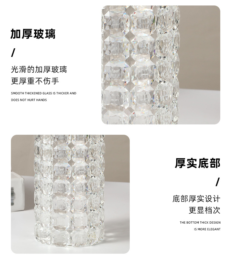 Pastoral simple crystal glass vase, living room dining table flower vase, transparent checkered fresh flower round straight tube vase pic 7