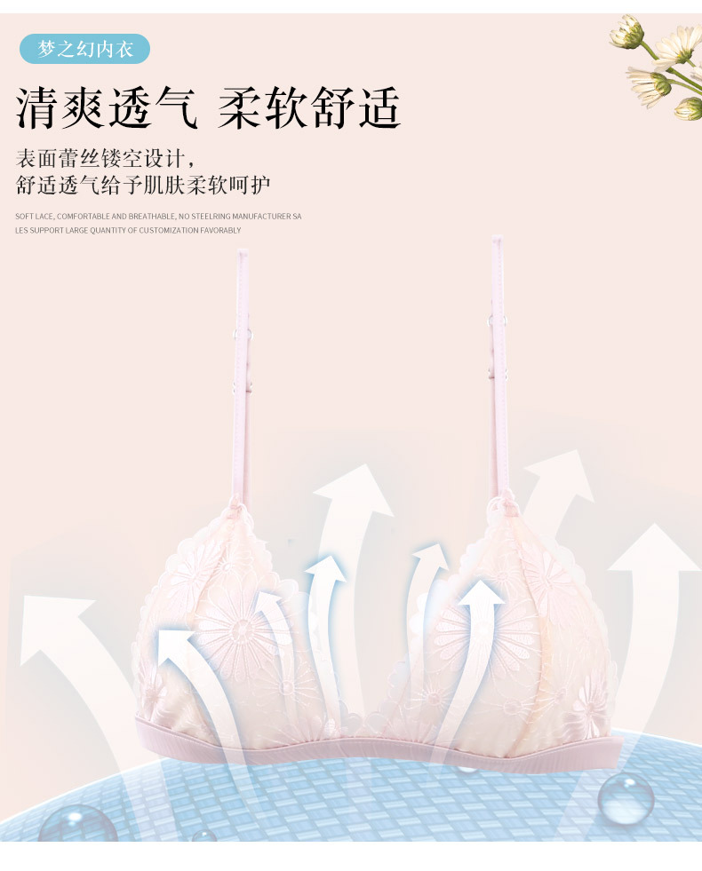 日系甜美少女内衣套装粉色透聚拢小胸蕾丝三角杯无钢圈双排扣文胸详情5