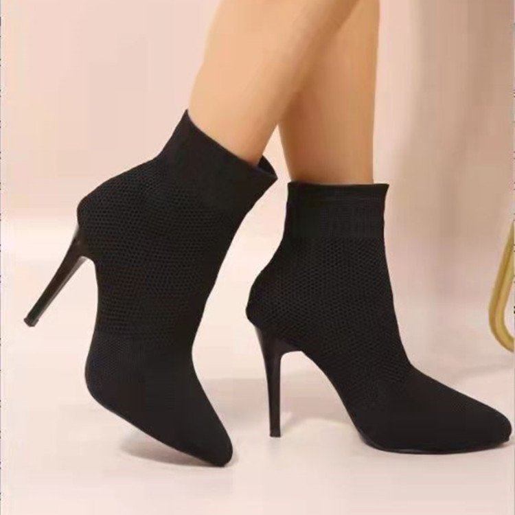 2024秋季新款针织弹力靴尖头袜靴中筒高跟短靴大码细跟超高跟袜靴详情3