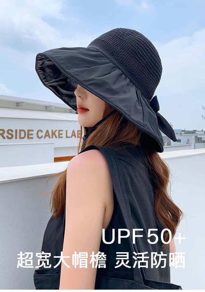 夏季防晒黑胶蝴蝶结遮阳帽女日韩帽子防紫外线大檐遮脸太阳空顶帽详情14