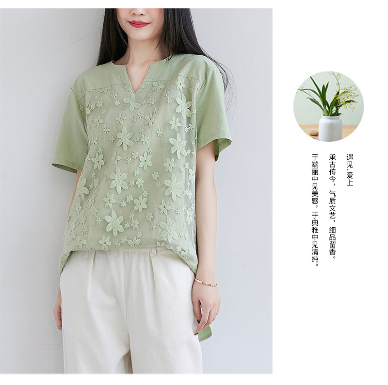 2022夏季新款速卖通欧美女装蕾丝刺绣短袖衬衫宽松女士上衣T恤详情24