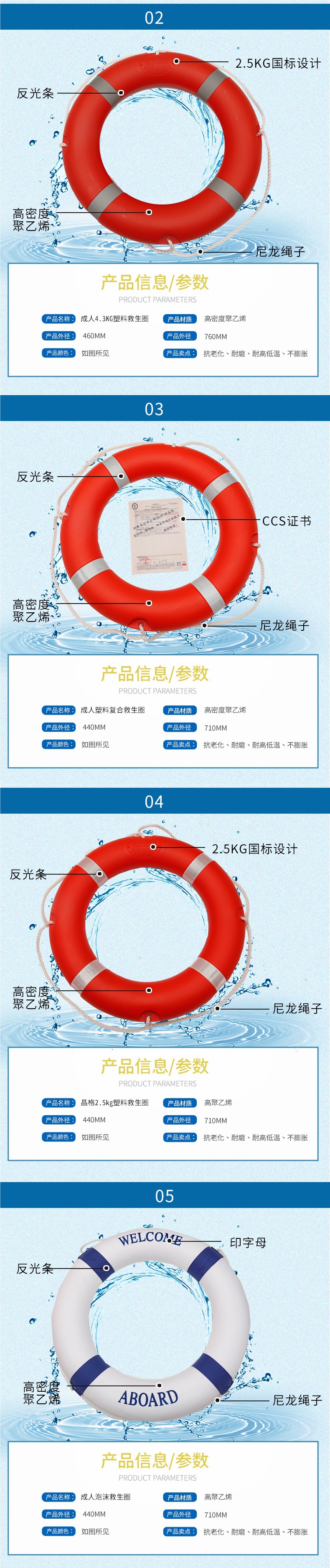 专业防汛救援2.5KG塑料救生圈船用CCS救生圈成人儿童泡沫圈救生绳详情2