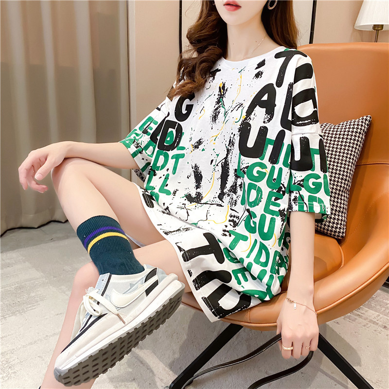 Mid-length short-sleeved T-shirt for women, 2021 new summer Instagram trendy Korean style loose large-sized student graffiti top pic 2