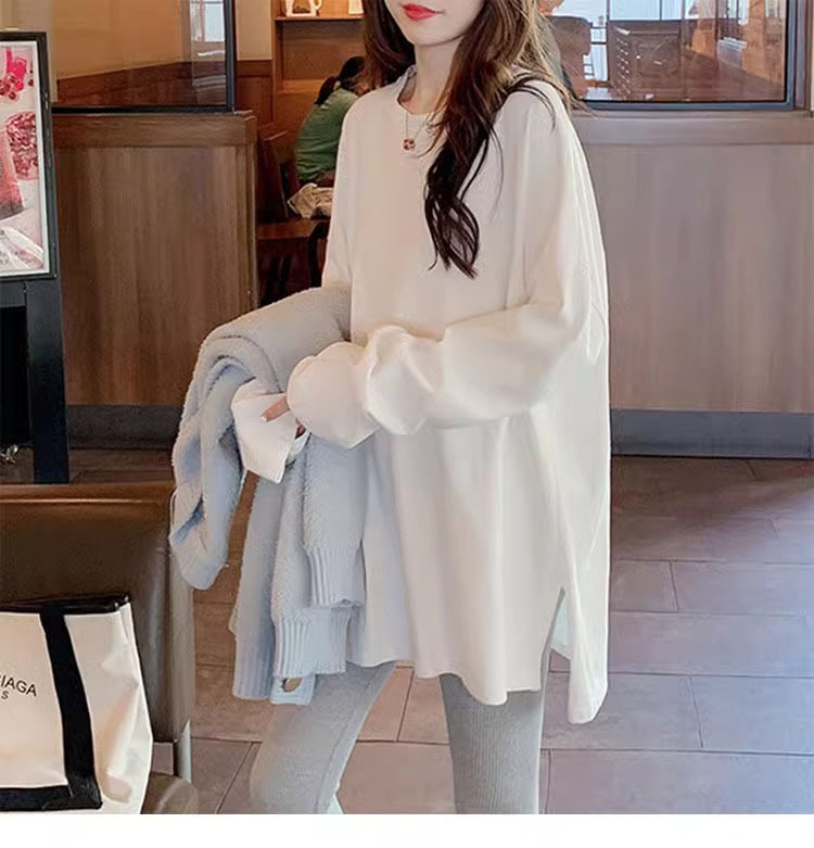 White pure cotton long-sleeved T-shirt for women, spring and autumn new Korean style loose fleece long-sleeved top paired with shark pants pic 1