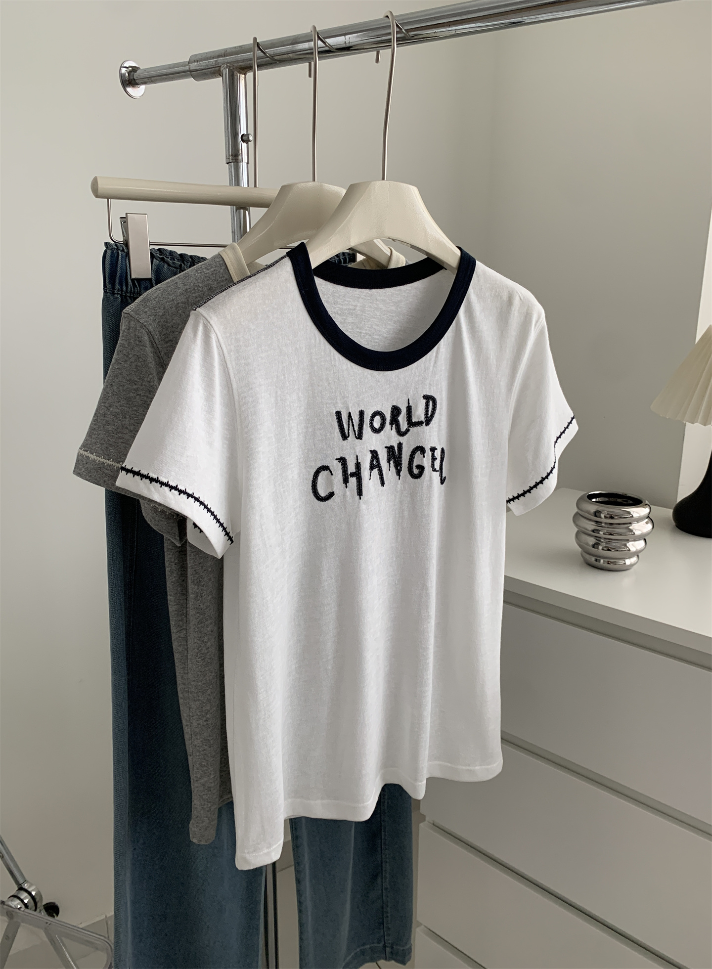 Summer thin, breathable snowflake cotton letter-shaped T-shirt for women, color-blocking round-neck lace embroidered loose short-sleeved top pic 1
