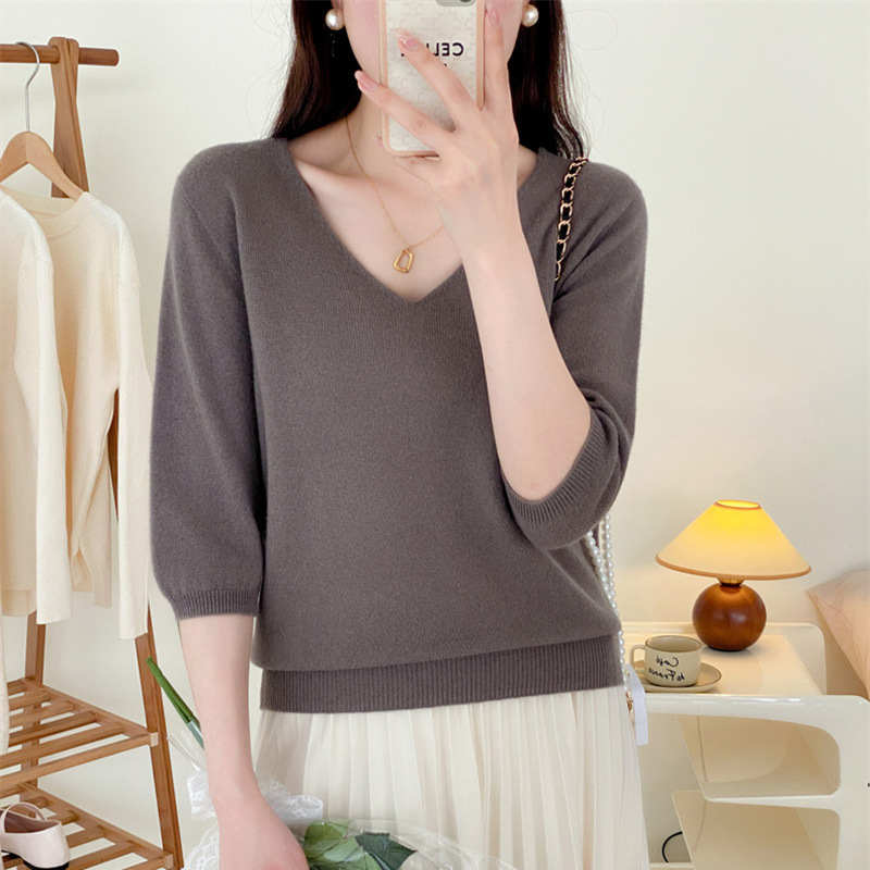 V-neck full wool knitted sweater for slimming and elegant look, seven-inch sleeve pullover wool sweater, sweater top #23127 pic 14