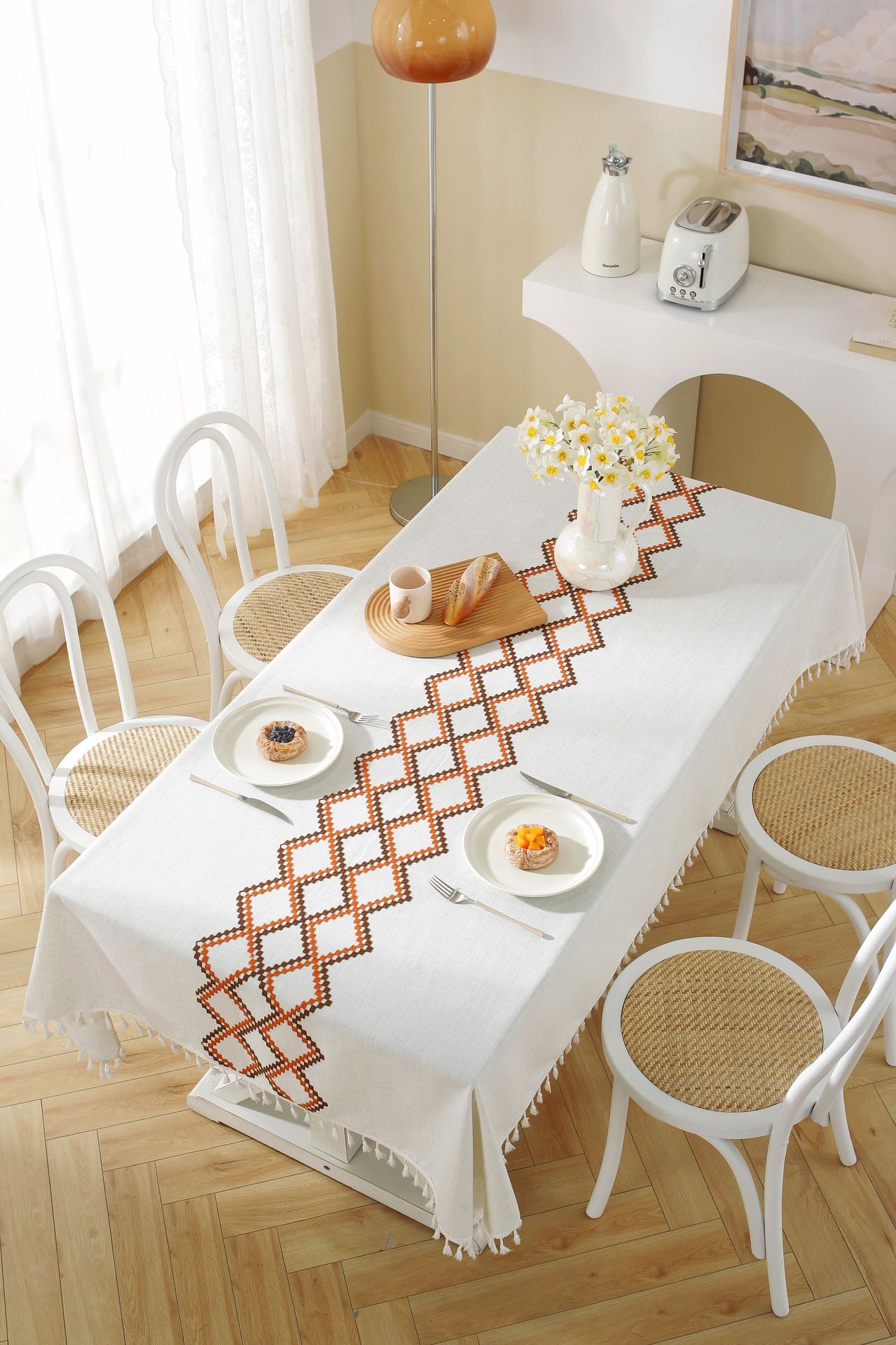New linen embroidered cross tablecloth, solid color tablecloth, coffee table pad, cotton and linen decorative table, ins style bestseller, rectangular pic 10