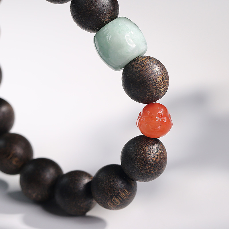 天然文莱沉香手串单圈搭辣绿翡翠路路通南红玛瑙佛头男士霸气手链详情11