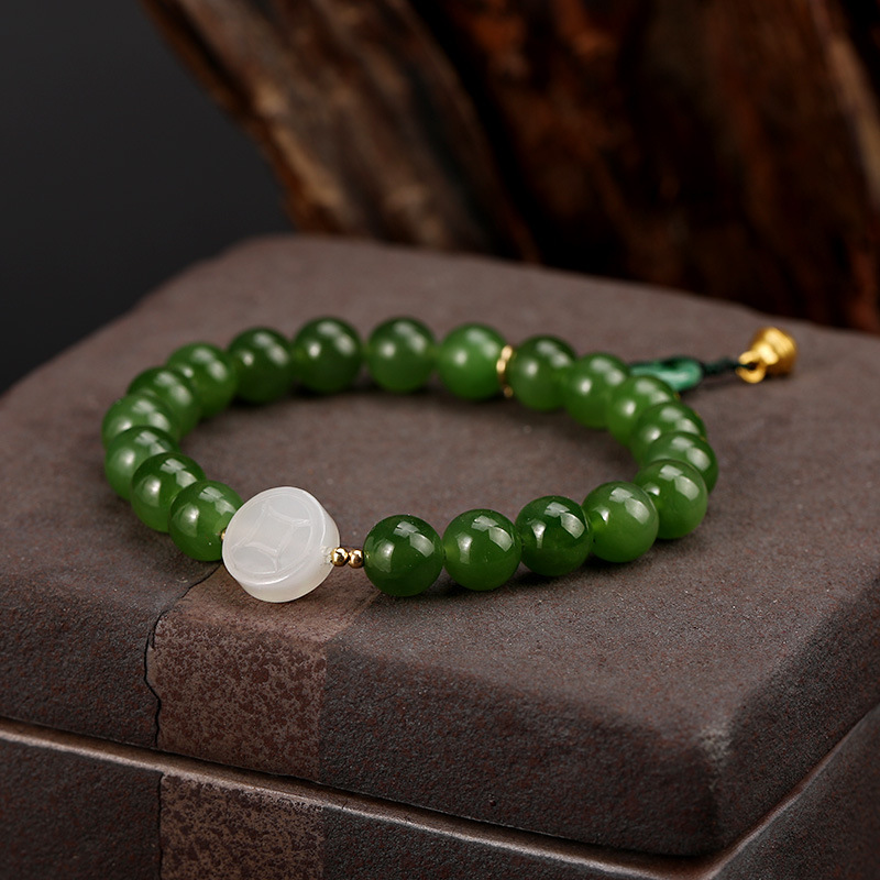18K pure gold handcrafted 999 pure gold bell, natural spinach, green jasper and Hetian jade bracelet, gold coin DIY small drop flow pic 10