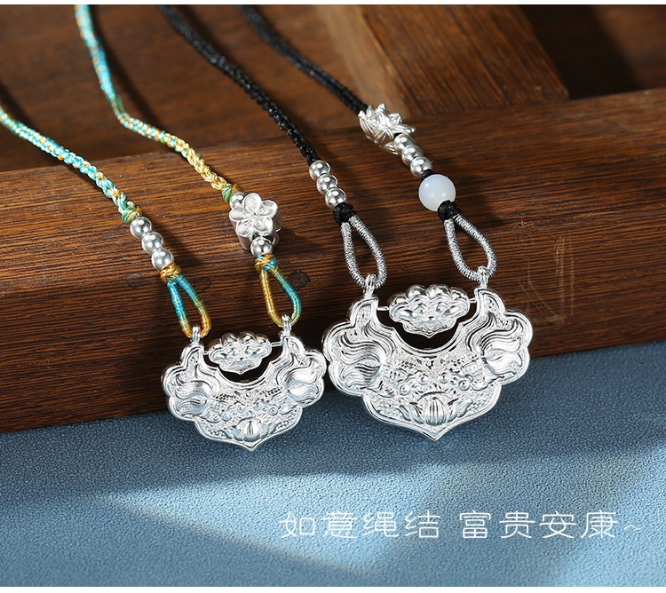 足银999锦鲤锁银莲花国风平安锁编织纯银项链双鱼如意长命锁锁骨详情10