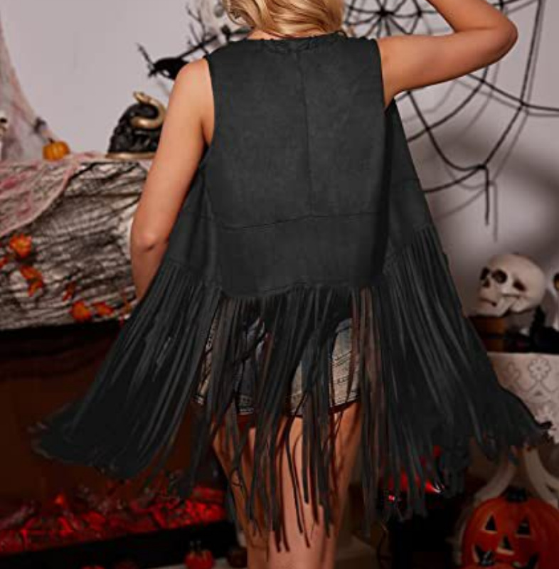 现货欧美风披肩 麂皮绒流苏马甲外套 女士无袖中长款马夹外穿详情20