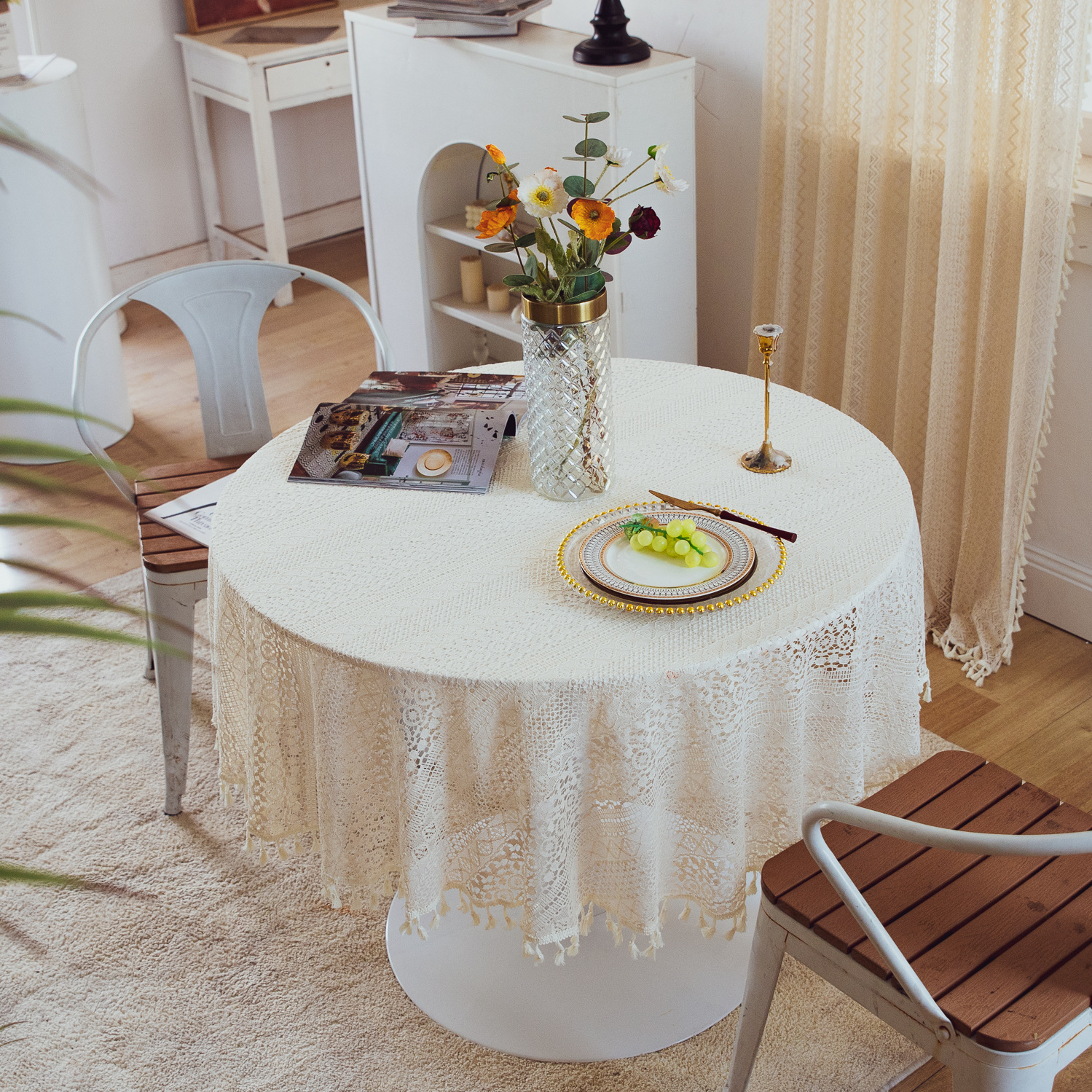 National trend retro hollowed-out lace cover fabric, ins style rectangular white country tablecloth, round table and small round tablecloth pic 6