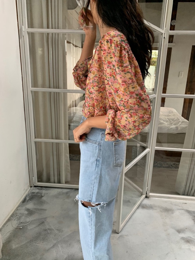 女装 ins长袖碎花雪纺衬衫女2021新款春季韩版宽松休闲单排扣上衣详情12