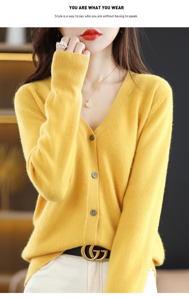 New Spring and autumn knitted cardigan for women, V-neck loose short solid color long-sleeved versatile sweater coat made of wool blend pic 42
