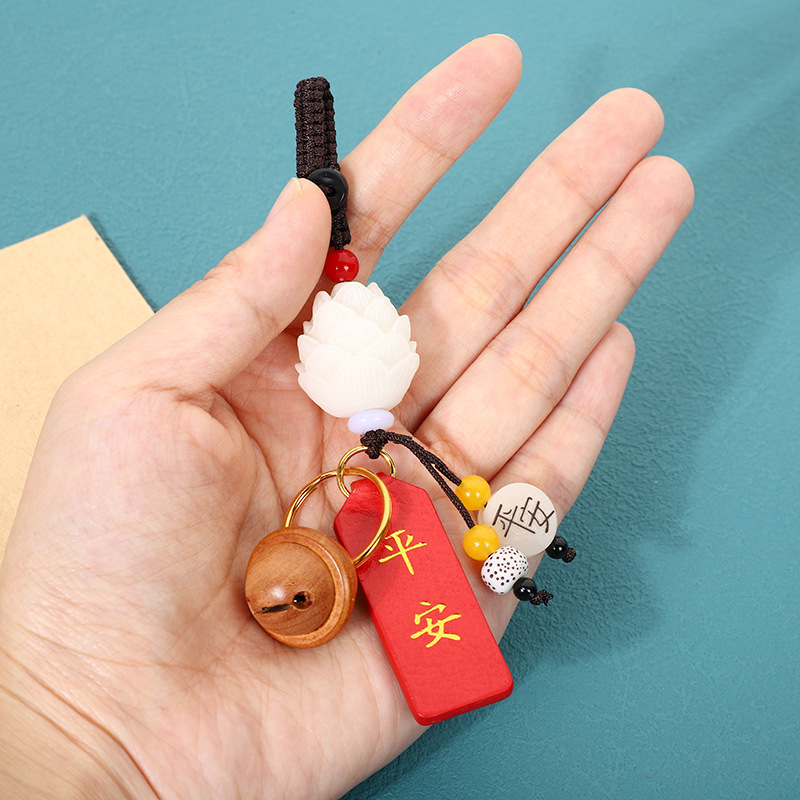 National trend car interior hanging ornaments, New Year gifts, peace and joy bag hanging ornaments, white jade Bodhi lotus keychain car hanging pic 3