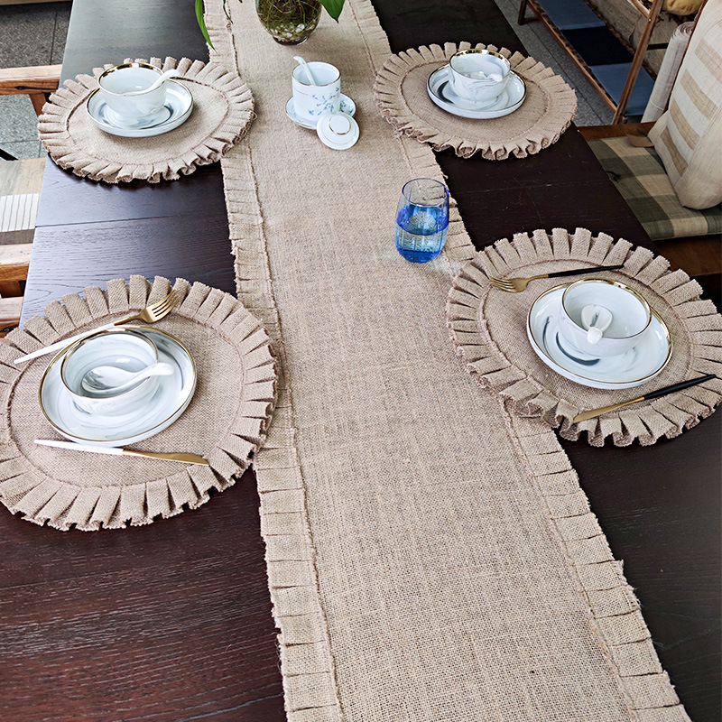 Ma Yi Ju Factory directly supplies Christmas retro jute tablecloths, natural original color pleated lace, heat-insulating household Nordic-style tablecloths, waterproof and oil-proof pvc material pic 5