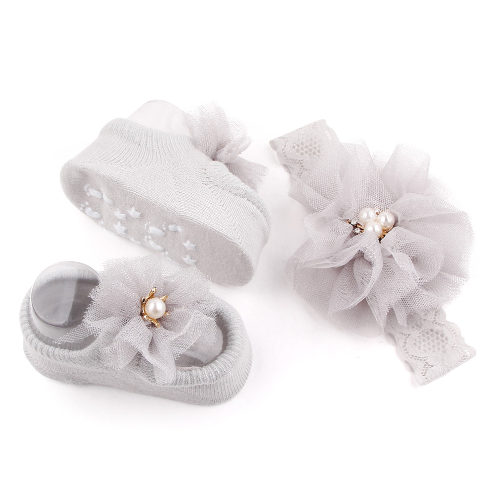 New solid color lace European and American baby socks Bow princess cute baby socks hair band set 2619 pic 8