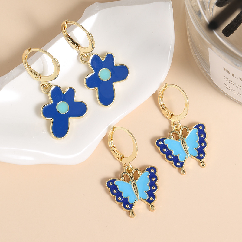 Klein blue series earrings, fashionable, retro and niche, flower-shaped heart-shaped butterfly earrings, personalized and elegant earrings wholesale pic 3