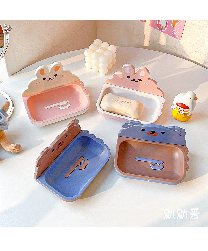 Cute household soap box, non-drilling wall-mounted double-layer draining bathroom soap drainage storage rack pic 8