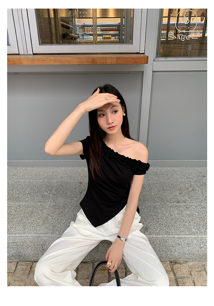 爱西里2025夏季减龄甜美拼木耳花边斜肩下摆不规则短袖T恤女13835详情30