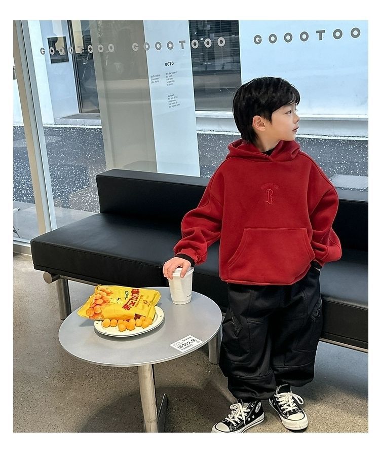 儿童字母刺绣加绒加厚新年红色连帽套头卫衣冬韩版男女童宽松上衣详情19