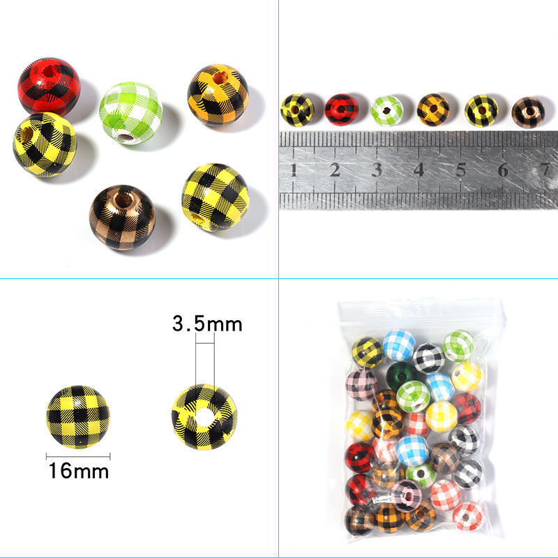 千鸟格木珠DIY挂饰装饰串珠彩色格子木珠配件条纹印花带孔木珠详情9