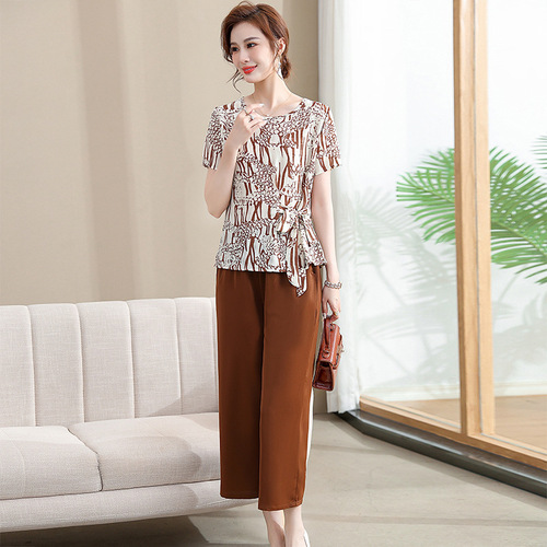 中年妈妈夏装棉麻套装洋气2024新款中老年女夏季短袖衬衫上衣薄款详情18