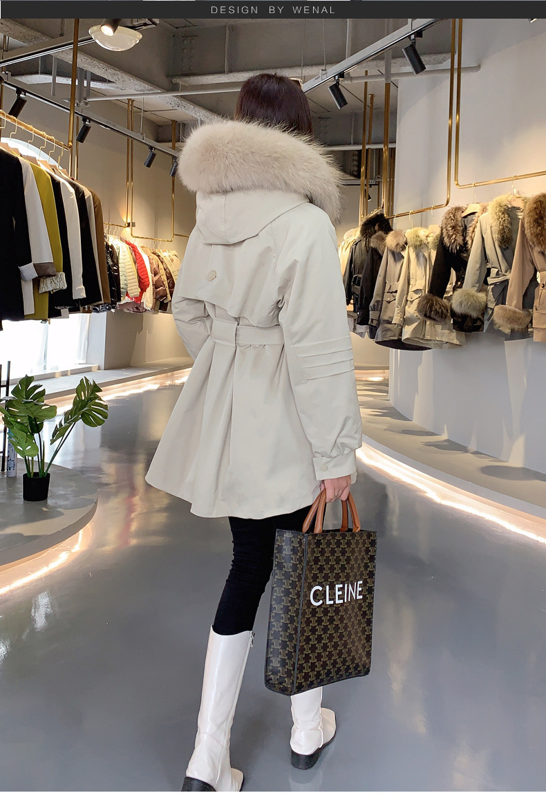 This is a mid-length winter Korean-style fashionable lace-up jacket with a cinched waist and a stylish large fur collar, designed with a rabbit fur inner liner pic 11