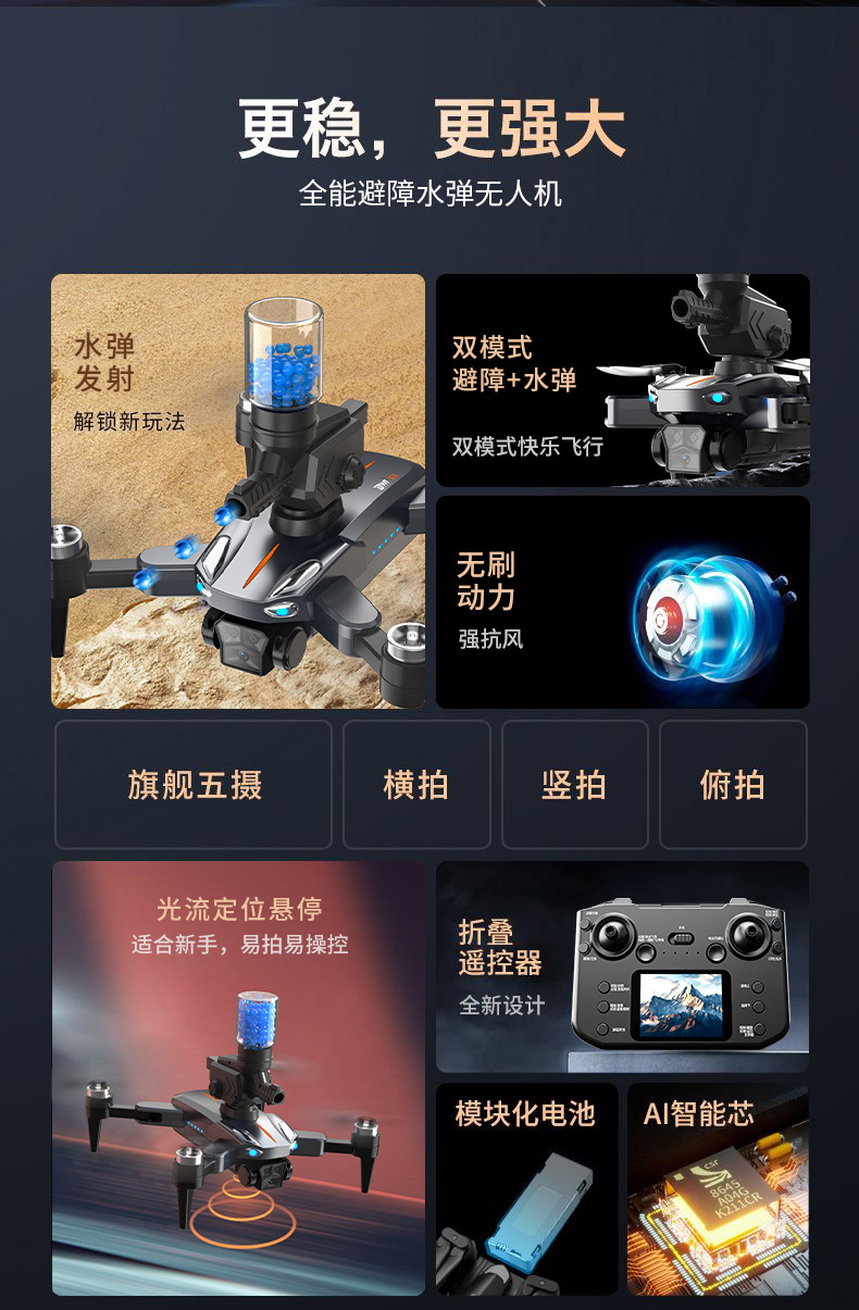 无人无刷马达三摄高清航拍四轴导航飞行器发射水弹遥控飞机玩具详情3
