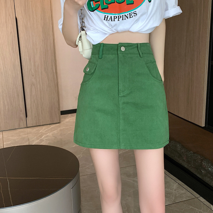 实拍视频小个子绿色半身裙女ins2023秋季新款高腰包臀a字裙短裙子详情4