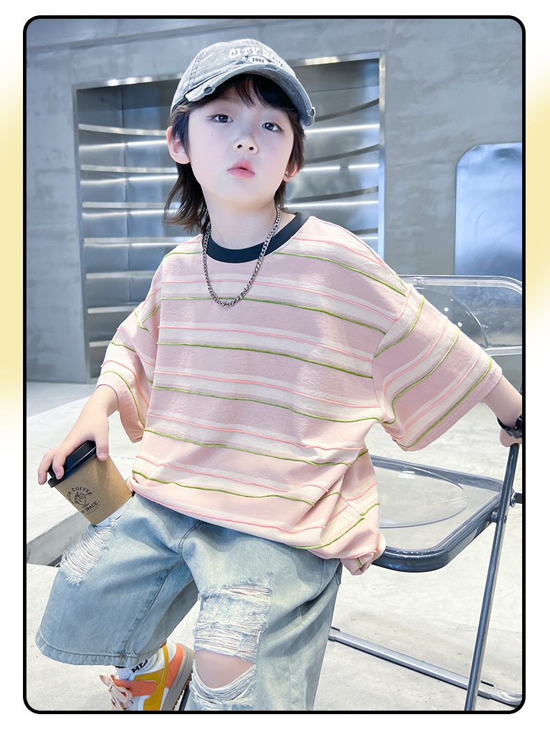 男童夏装条纹短袖T恤2025新款宽松儿童衣服中大童宽松半袖上衣潮详情2
