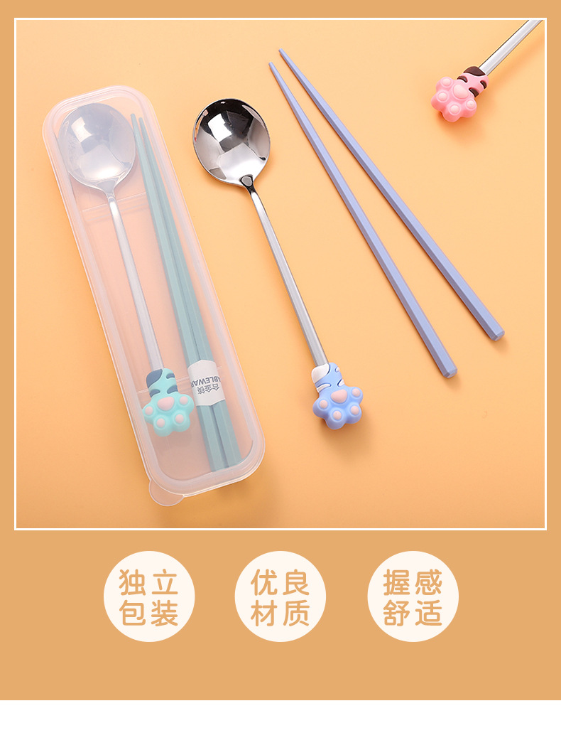Cartoon boxing cute claw spoon and chopsticks two-piece set, adorable and girlish stainless steel spoon and alloy chopsticks tableware set pic 4