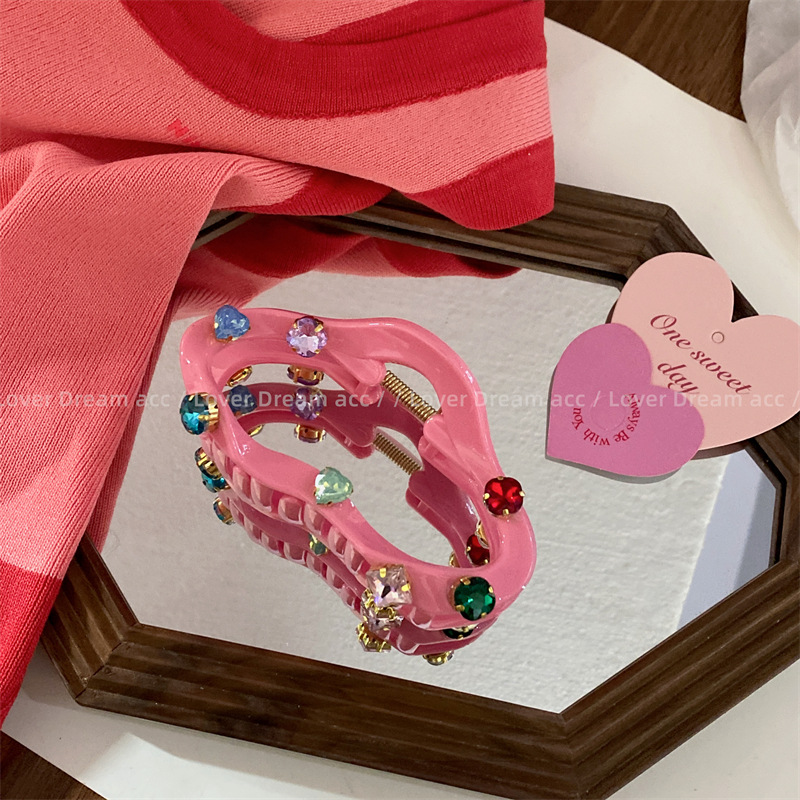 韩国新款复古彩色水钻粉色鲨鱼夹发夹 中古风抓夹网红时尚发饰女详情19