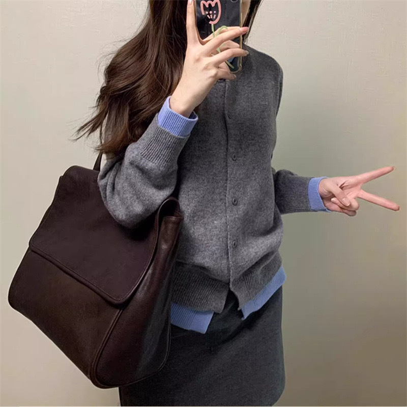 Umi+韩版灰色软糯假两件针织衫女2025春季新款气质休闲毛衣外套详情6