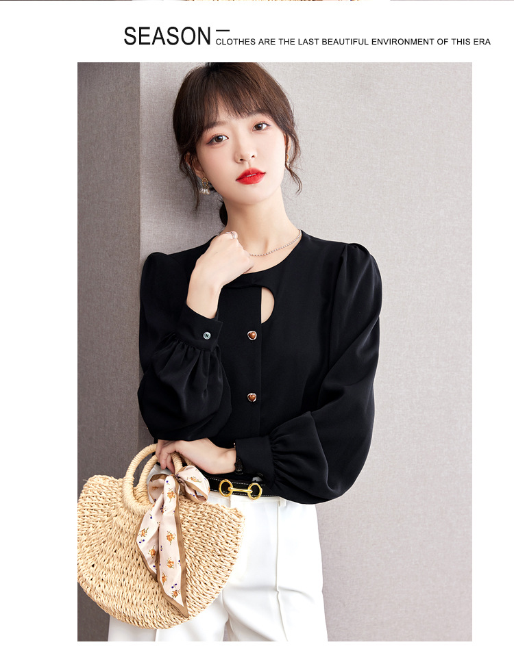 法式小众复古镂空衬衫女2024年春秋季新款不规则设计感泡泡袖上衣详情5