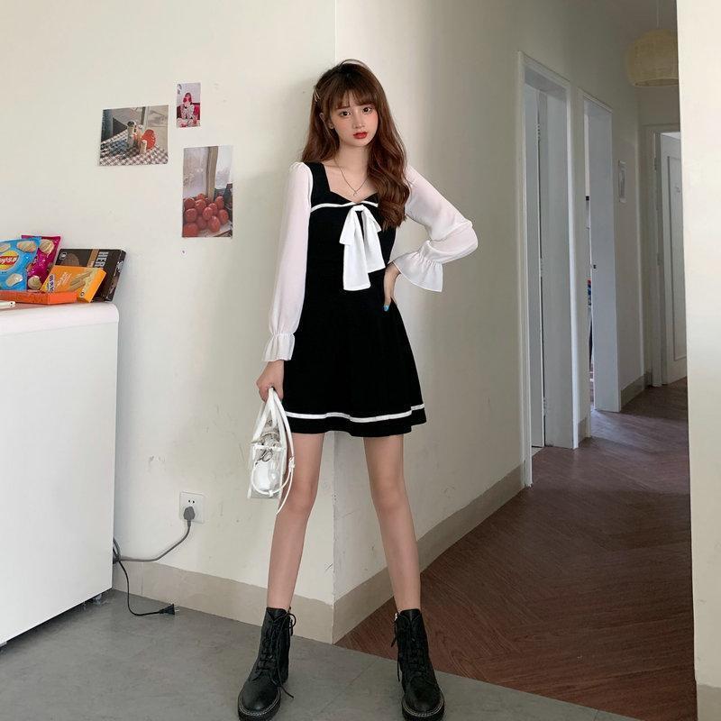 秋装新款性感方领泡泡袖连衣裙女大码胖mm条纹蝴蝶结显瘦长袖裙子详情4