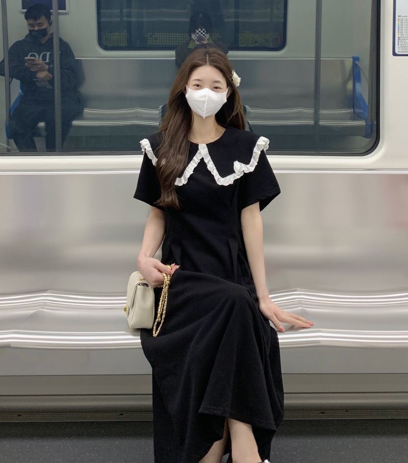 法式减龄娃娃领连衣裙大码夏装胖妹妹显瘦遮肉赫本风气质黑色长裙详情10