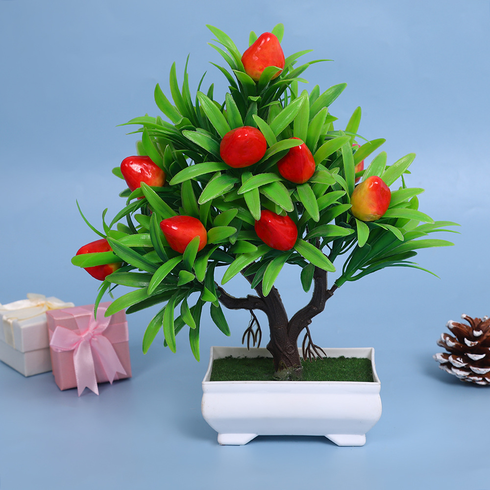 A comprehensive collection of simulated fruit potted plants and bonsai, including red apples, pomegranates, strawberries, oranges, peaches, mangoes, bananas, and red peppers for decoration pic 12