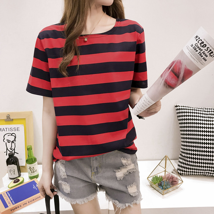 批发2022夏季新款韩版条纹短袖t恤女士宽松衣服上衣女装一件代发详情3