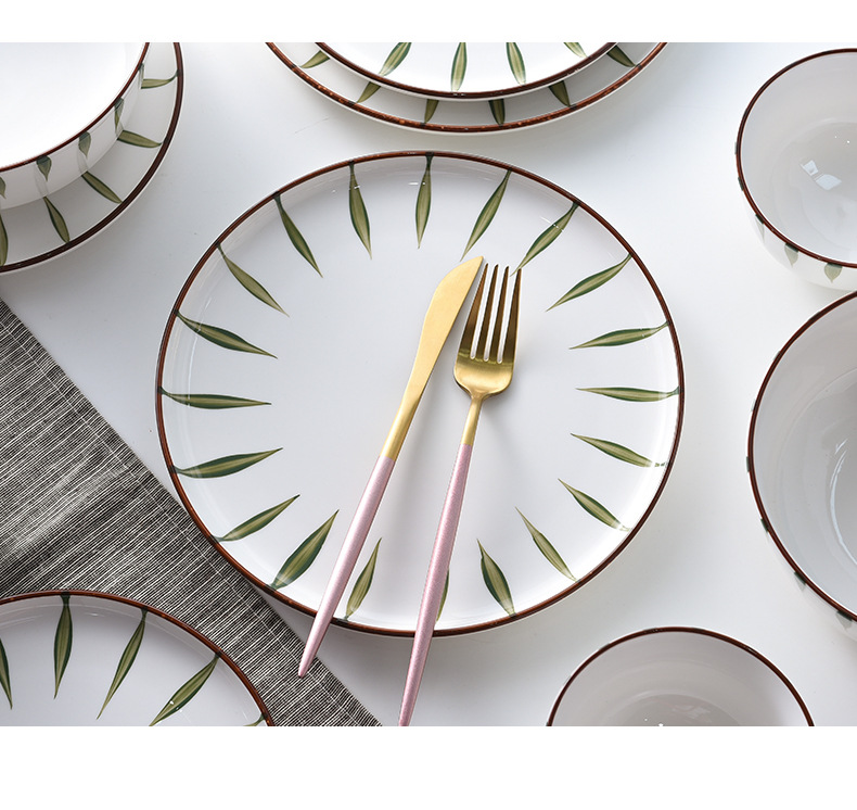 Japanese-style ceramic green painted tableware, household rice bowl and plate sets, hotel creative vegetable plates and steak plates wholesale pic 5