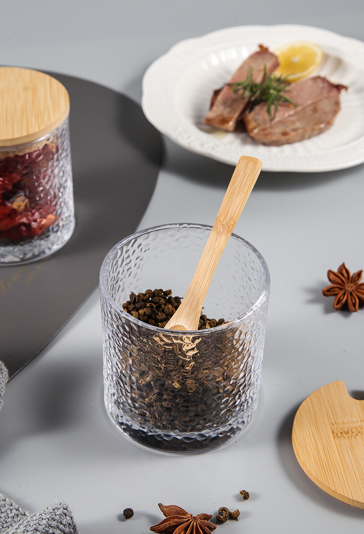 Green Classic Japanese Hammer patterned glass sealed Jar, Creative bamboo and wood tea jar, seasoning jar, storage jar, Kitchenware pic 13