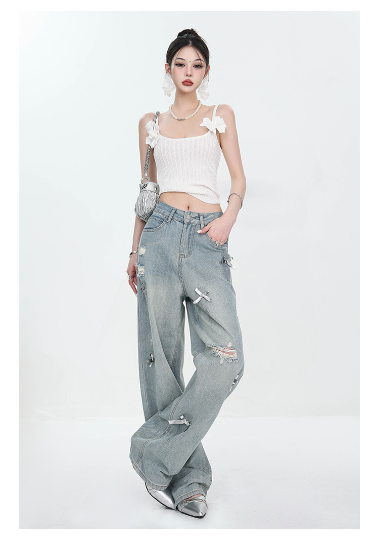 Large-sized retro three-dimensional bow ripped jeans for women with a summer design sense, high-waisted straight-leg loose wide-leg pants pic 12