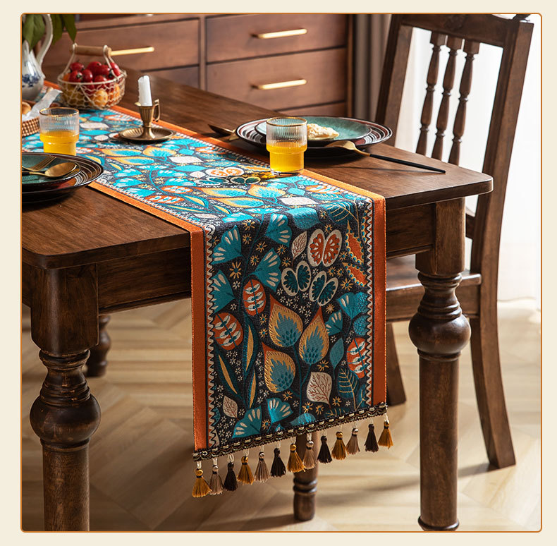 American retro table flag, woven jacquard with ethnic style, cashew tassels, home polyester tablecloth, table flag, bed tail flag, cover cloth pic 11