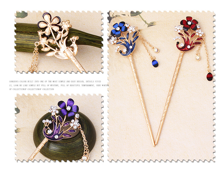 时尚民族风合金镶钻发簪 滴油复古蝴蝶型孔雀簪子女式流苏步摇发饰批发007详情25