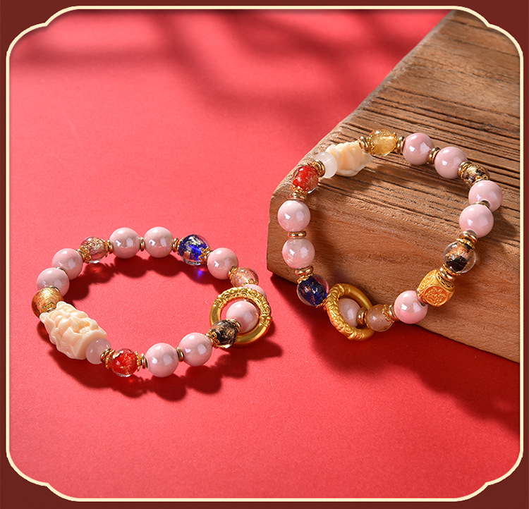 北京九尾狐香灰琉璃手串瓷陶瓷手链国潮宫廷风礼物粉晶编织详情11