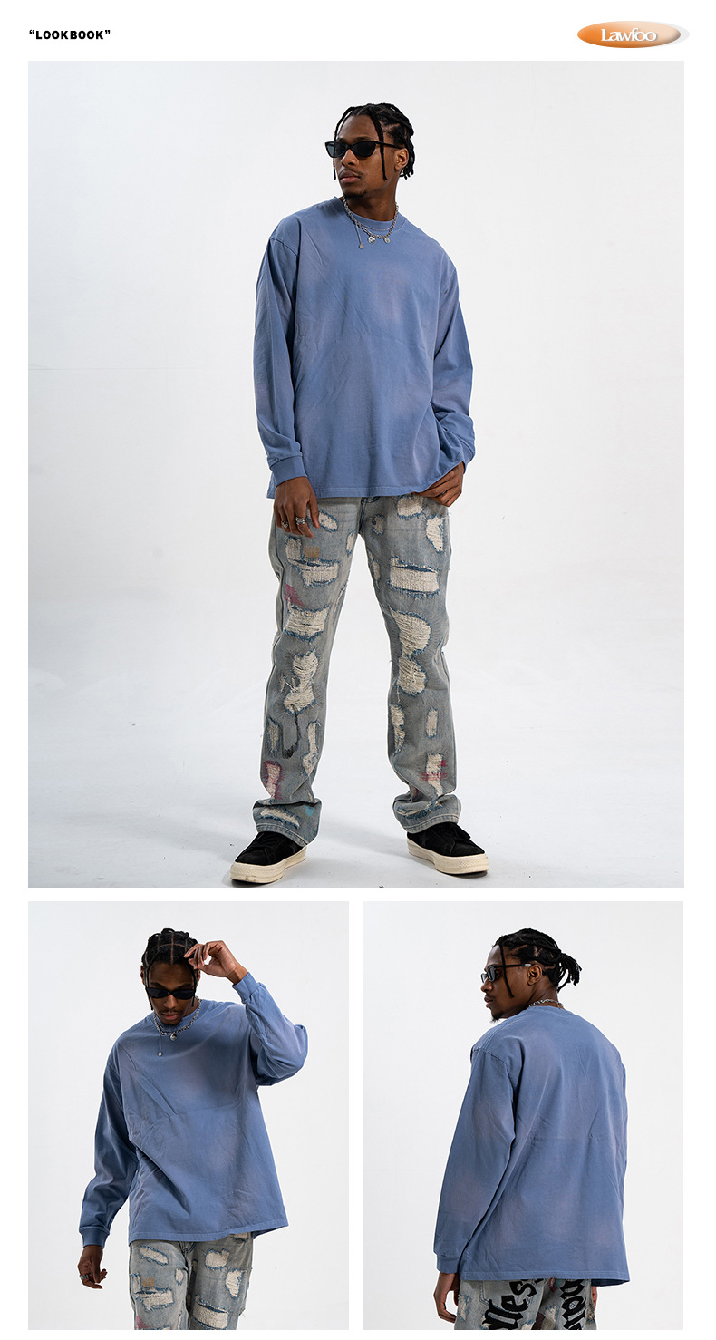 LawFoo国潮牌美式情侣洗水做旧不规则漆块长袖T恤男街头复古宽松详情7