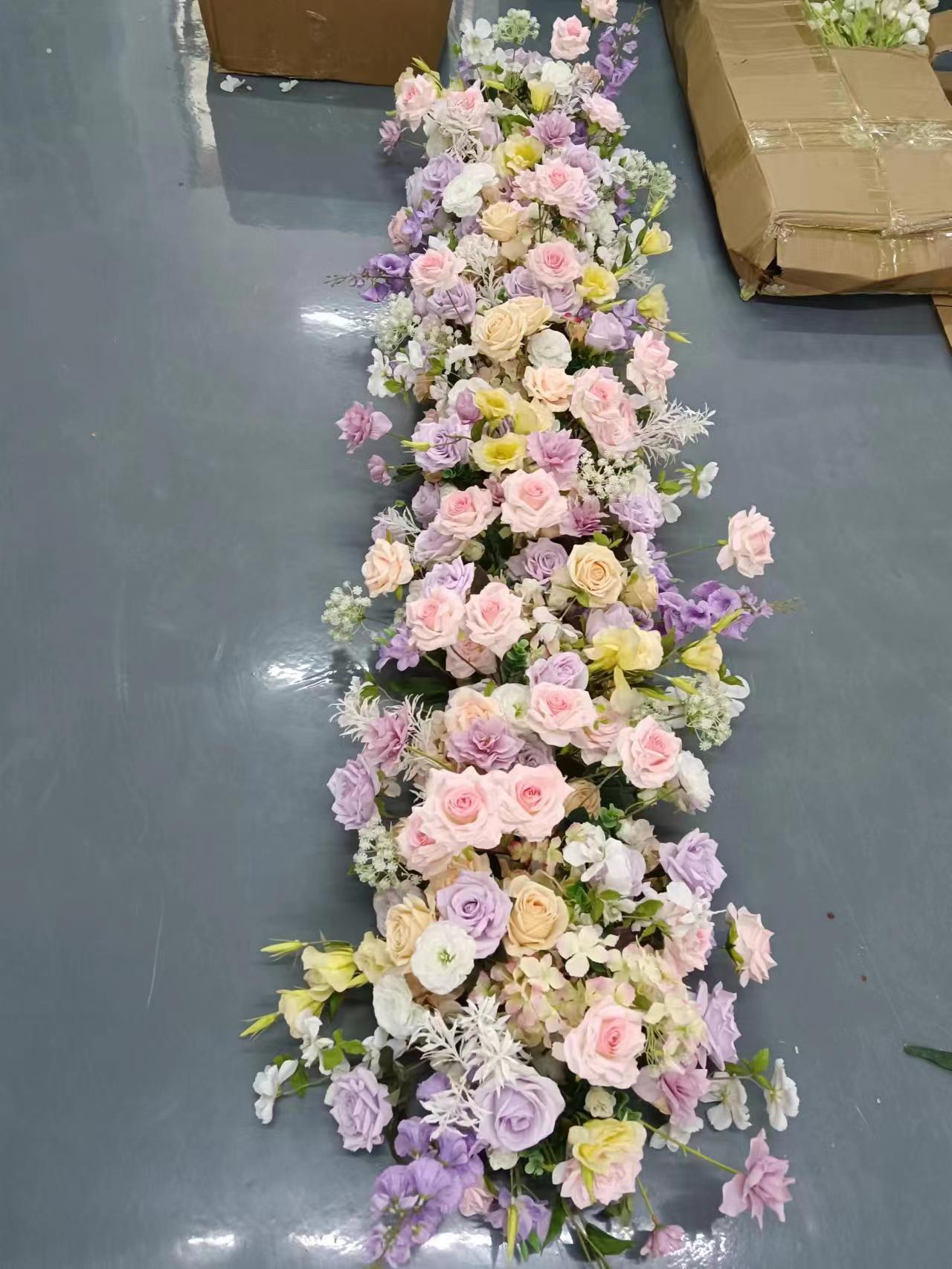 跨境粉色紫色长条桌花花艺 酒店婚礼宴会节日橱窗装饰假花仿真花详情16